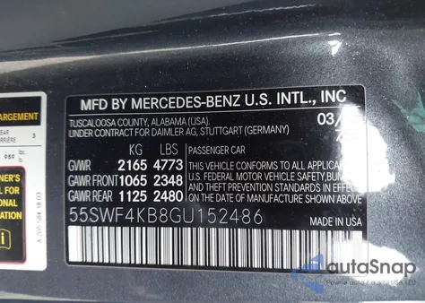 2016 Mercedes-Benz C 300 4Matic из США, поврежденный, VIN 55SWF4KB8GU152486